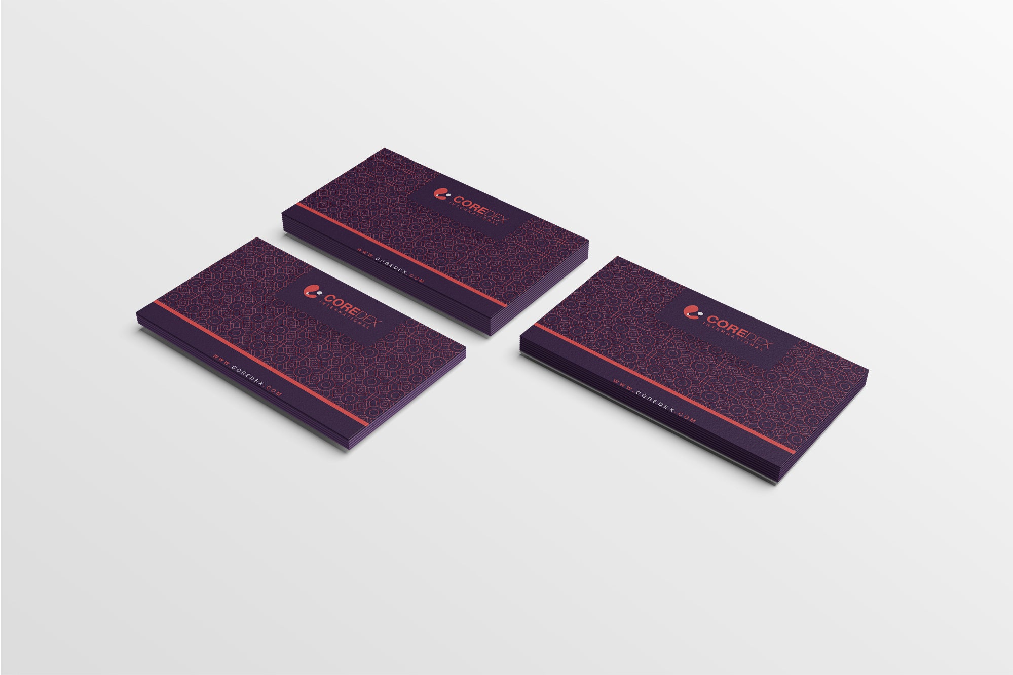 Three purple business card holders with red accents on a light gray background
