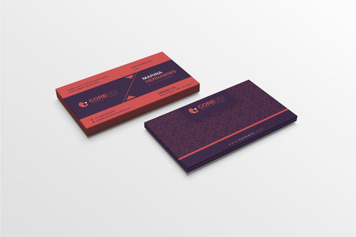 Two business cards with a red and purple design on a white background