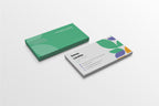 Green and gray business cards with a colorful design on a white background