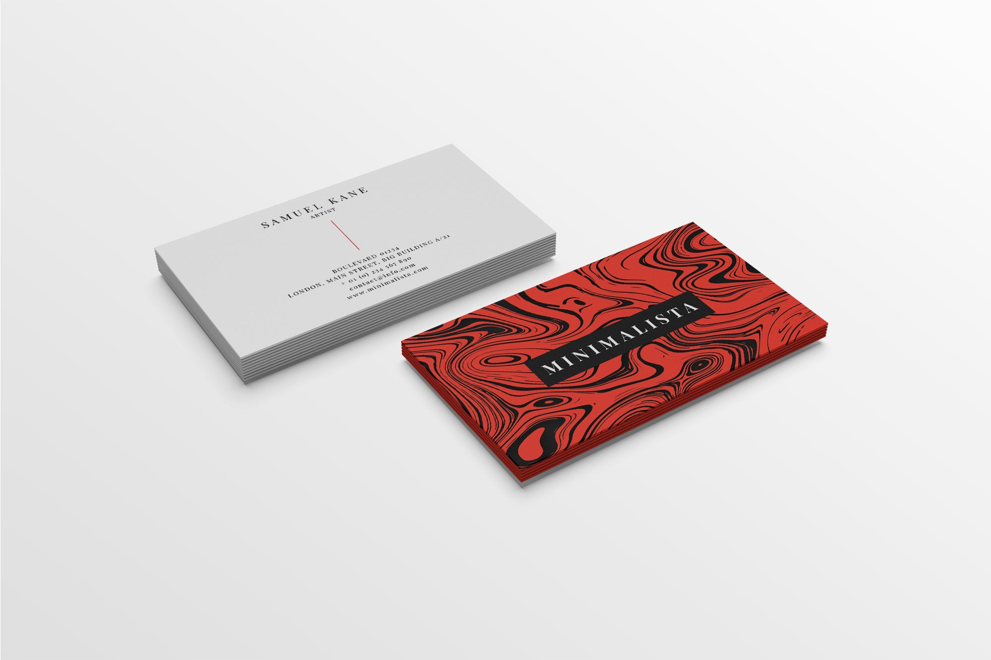 Red and black patterned card with 'Minimalista' branding on a white background