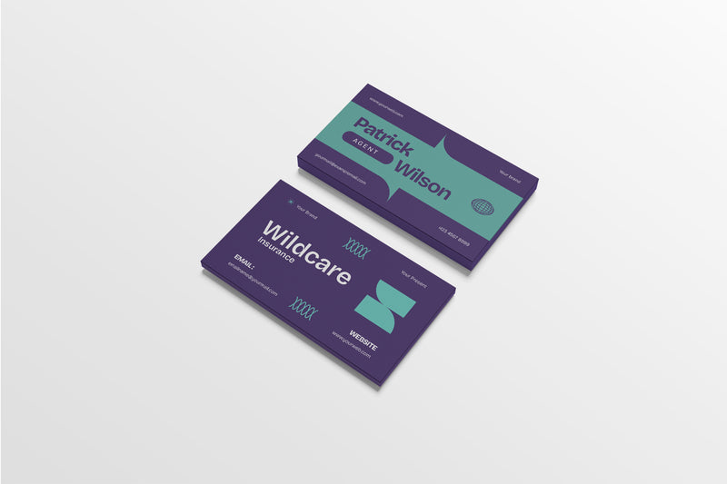 Two business cards with 'Patrick Wilson' and 'Wildcare' branding on a light gray background